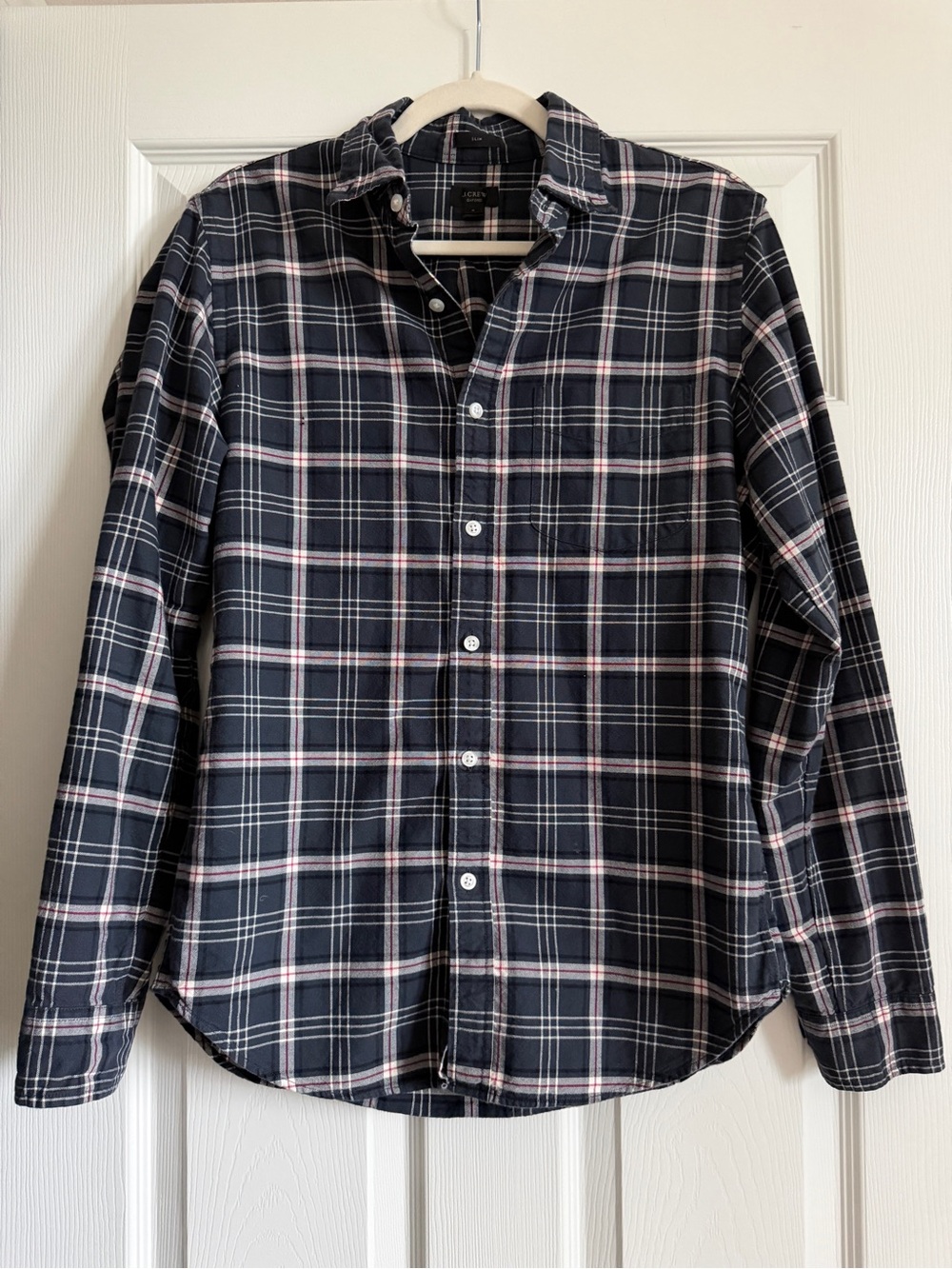 J. Crew Men's Black Plaid Button-Down Shirt with Pink Stripes